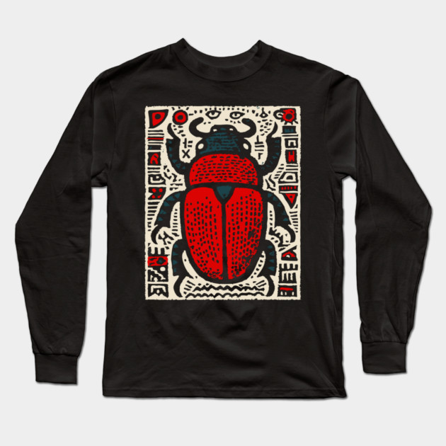 Egyptian Scarab Beetle - Ancient Hieroglyph Linocut Long Sleeve T-Shirt by TuncGK