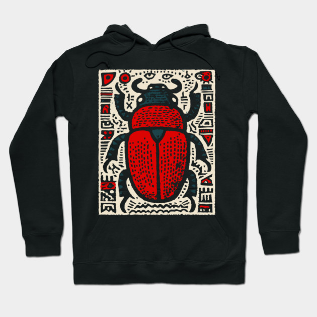 Egyptian Scarab Beetle - Ancient Hieroglyph Linocut Hoodie by TuncGK