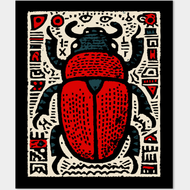 Egyptian Scarab Beetle - Ancient Hieroglyph Linocut Wall Art by TuncGK