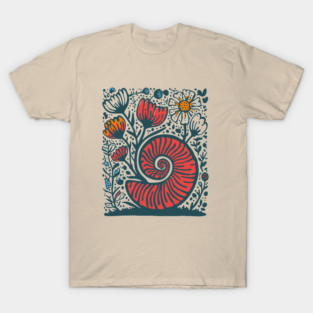 Cottagecore Snail Shell Garden - Botanical Linocut T-Shirt