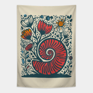 Cottagecore Snail Shell Garden - Botanical Linocut Tapestry