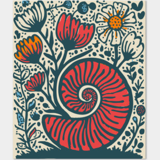 Cottagecore Snail Shell Garden - Botanical Linocut Posters and Art