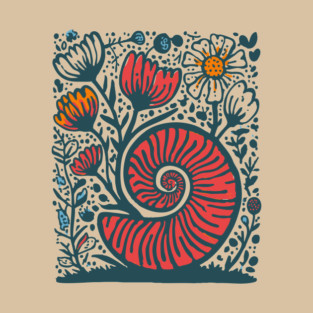 Cottagecore Snail Shell Garden - Botanical Linocut T-Shirt