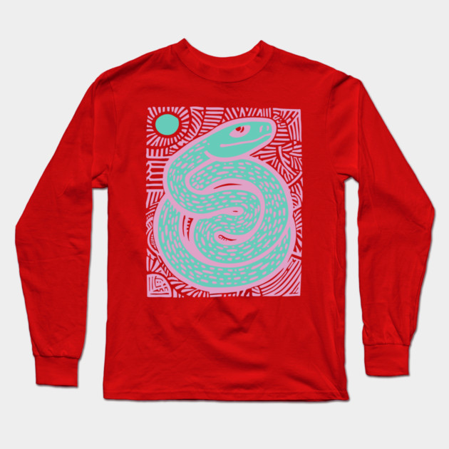 Mystic Serpent Linocut - Spiritual Snake Art Long Sleeve T-Shirt by TuncGK
