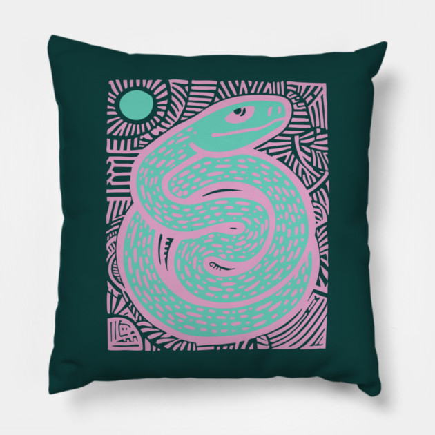 Mystic Serpent Linocut - Spiritual Snake Art Pillow by TuncGK