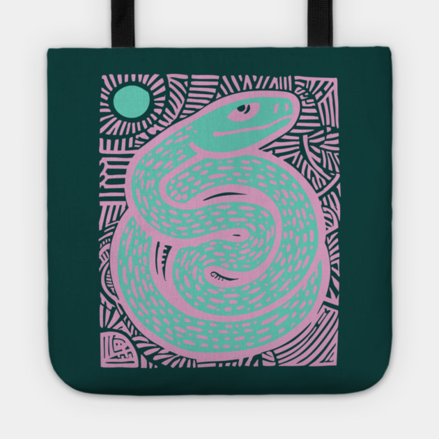 Mystic Serpent Linocut - Spiritual Snake Art Tote by TuncGK