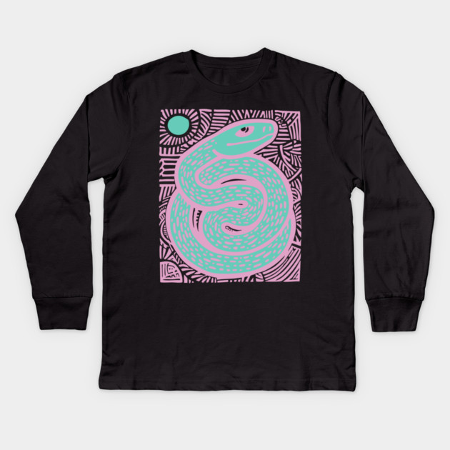 Mystic Serpent Linocut - Spiritual Snake Art Kids Long Sleeve T-Shirt by TuncGK