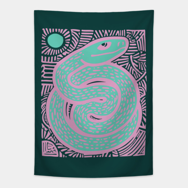 Mystic Serpent Linocut - Spiritual Snake Art Tapestry by TuncGK