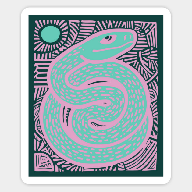 Mystic Serpent Linocut - Spiritual Snake Art Magnet by TuncGK