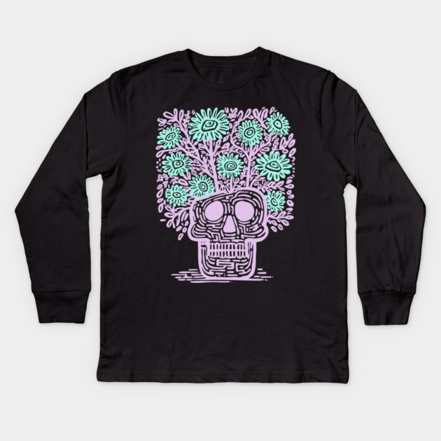 Skull Flower Pot - Pastel Goth Botanical Art Kids Long Sleeve T-Shirt by TuncGK