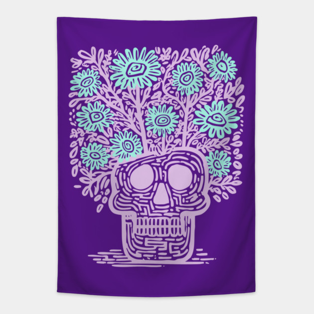 Skull Flower Pot - Pastel Goth Botanical Art Tapestry by TuncGK