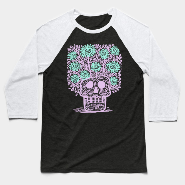 Skull Flower Pot - Pastel Goth Botanical Art Baseball T-Shirt by TuncGK