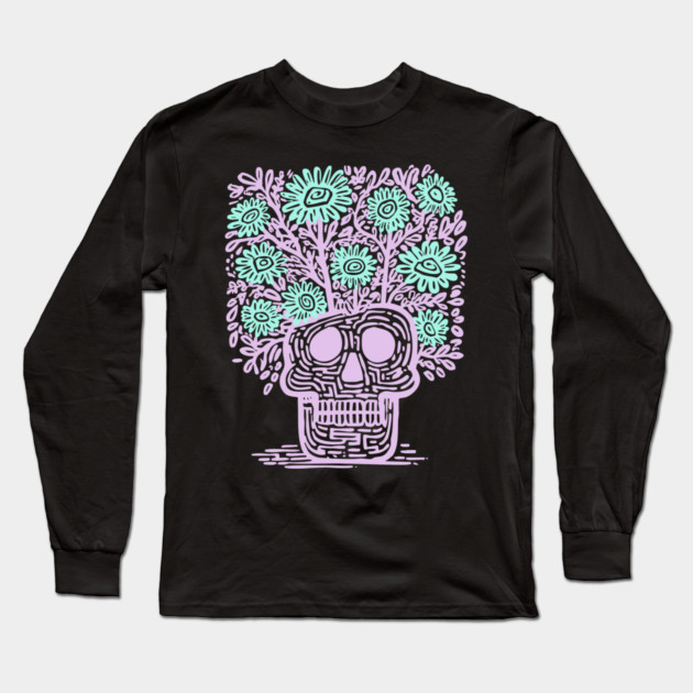 Skull Flower Pot - Pastel Goth Botanical Art Long Sleeve T-Shirt by TuncGK