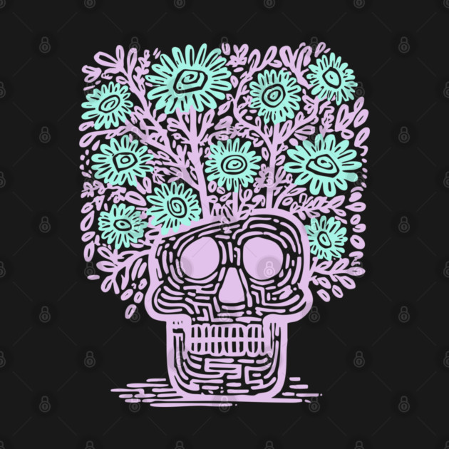 Skull Flower Pot - Pastel Goth Botanical Art by TuncGK