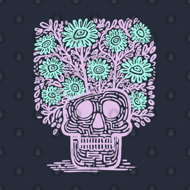 Skull Flower Pot - Pastel Goth Botanical Art by TuncGK