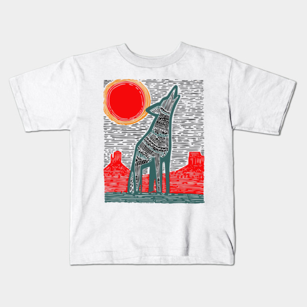Desert Coyote Under a Red Sun - Graphic Western Art Kids T-Shirt by TuncGK