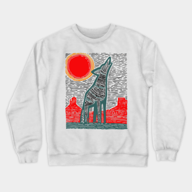 Desert Coyote Under a Red Sun - Graphic Western Art Crewneck Sweatshirt by TuncGK