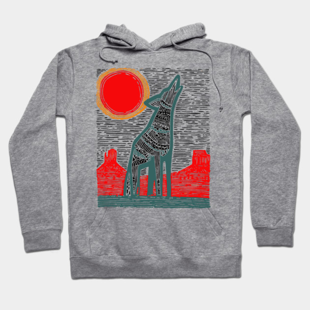 Desert Coyote Under a Red Sun - Graphic Western Art Hoodie by TuncGK
