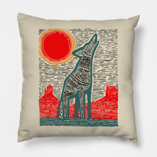 Desert Coyote Under a Red Sun - Graphic Western Art Pillow by TuncGK