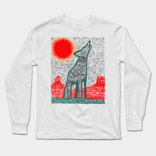 Desert Coyote Under a Red Sun - Graphic Western Art Long Sleeve T-Shirt