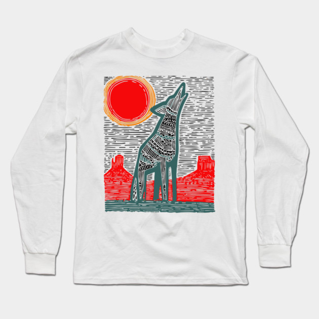 Desert Coyote Under a Red Sun - Graphic Western Art Long Sleeve T-Shirt by TuncGK
