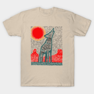 Desert Coyote Under a Red Sun - Graphic Western Art T-Shirt