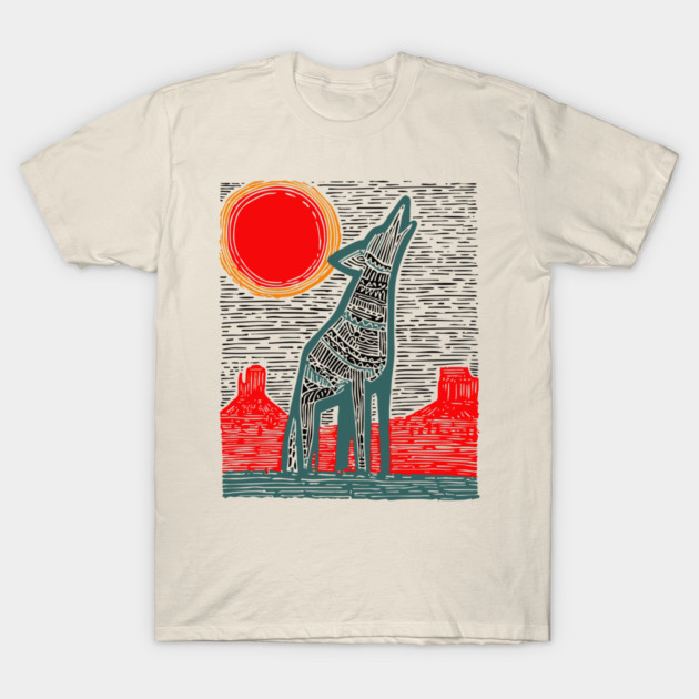 Desert Coyote Under a Red Sun - Graphic Western Art T-Shirt by TuncGK