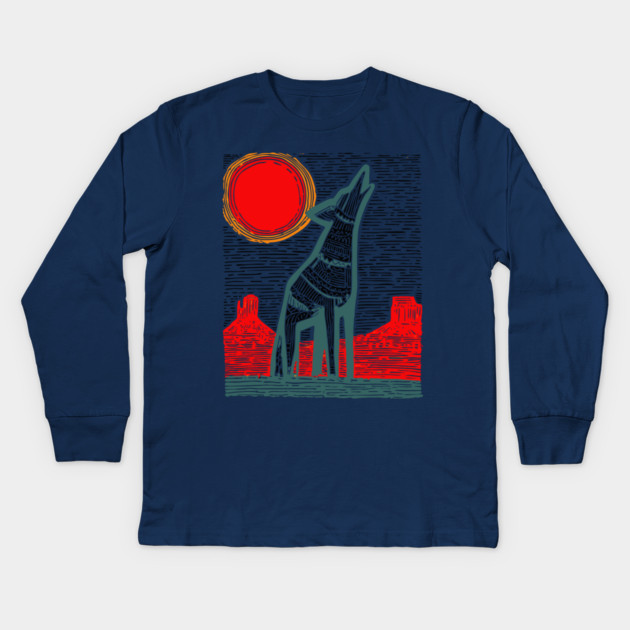 Desert Coyote Under a Red Sun - Graphic Western Art Kids Long Sleeve T-Shirt by TuncGK