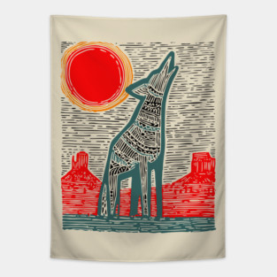Desert Coyote Under a Red Sun - Graphic Western Art Tapestry