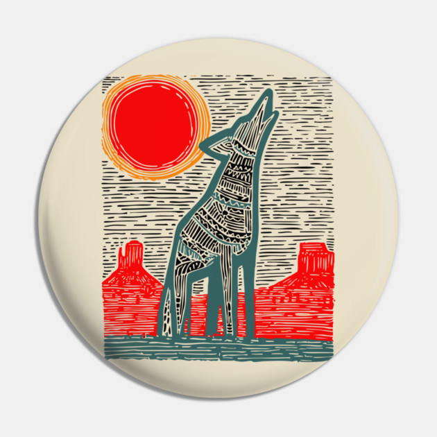 Desert Coyote Under a Red Sun - Graphic Western Art Pin by TuncGK