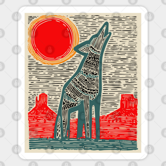 Desert Coyote Under a Red Sun - Graphic Western Art Sticker by TuncGK