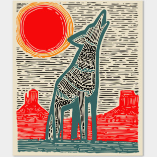 Desert Coyote Under a Red Sun - Graphic Western Art Posters and Art
