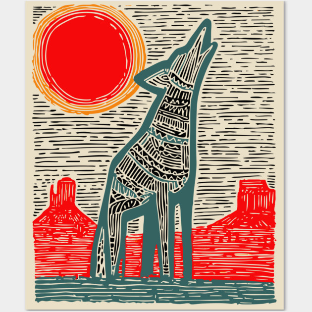 Desert Coyote Under a Red Sun - Graphic Western Art Wall Art by TuncGK