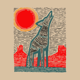 Desert Coyote Under a Red Sun - Graphic Western Art T-Shirt