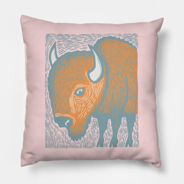 Majestic American Bison - Great Plains Linocut Pillow by TuncGK