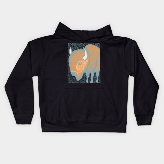 Majestic American Bison - Great Plains Linocut Kids Hoodie by TuncGK