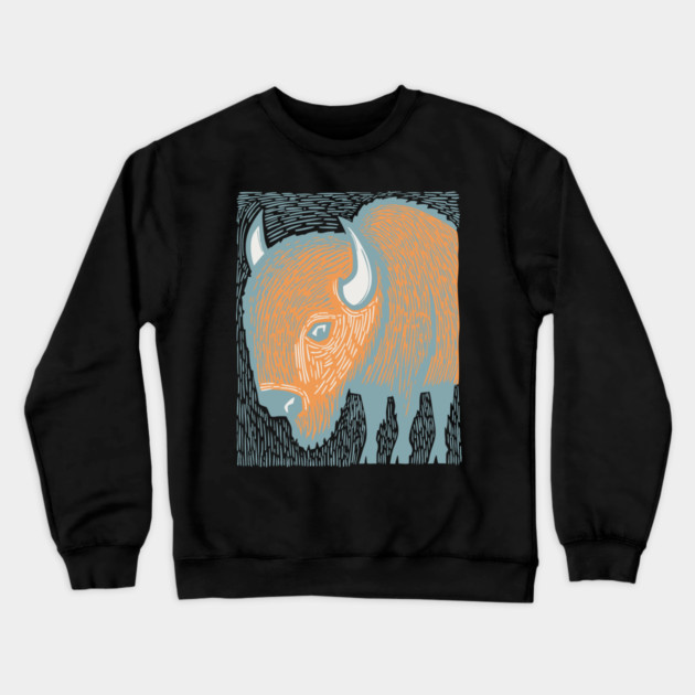 Majestic American Bison - Great Plains Linocut Crewneck Sweatshirt by TuncGK
