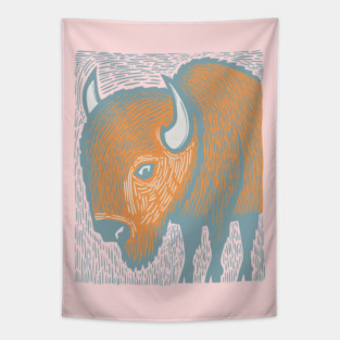 Majestic American Bison - Great Plains Linocut Tapestry