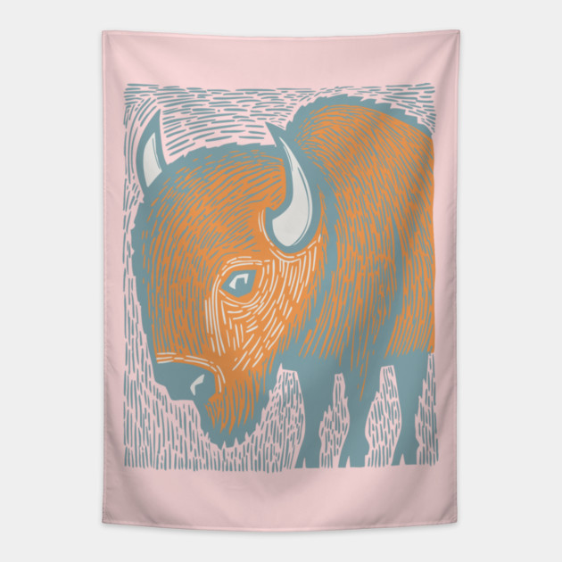Majestic American Bison - Great Plains Linocut Tapestry by TuncGK
