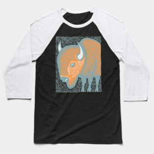 Majestic American Bison - Great Plains Linocut Baseball T-Shirt