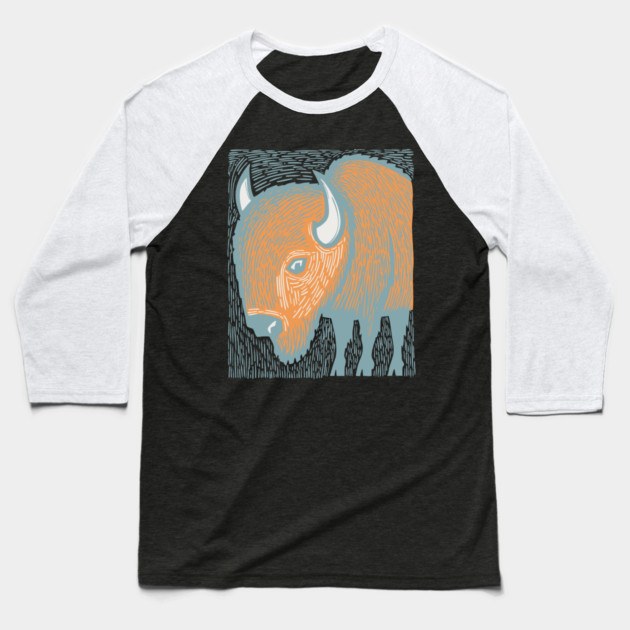 Majestic American Bison - Great Plains Linocut Baseball T-Shirt by TuncGK