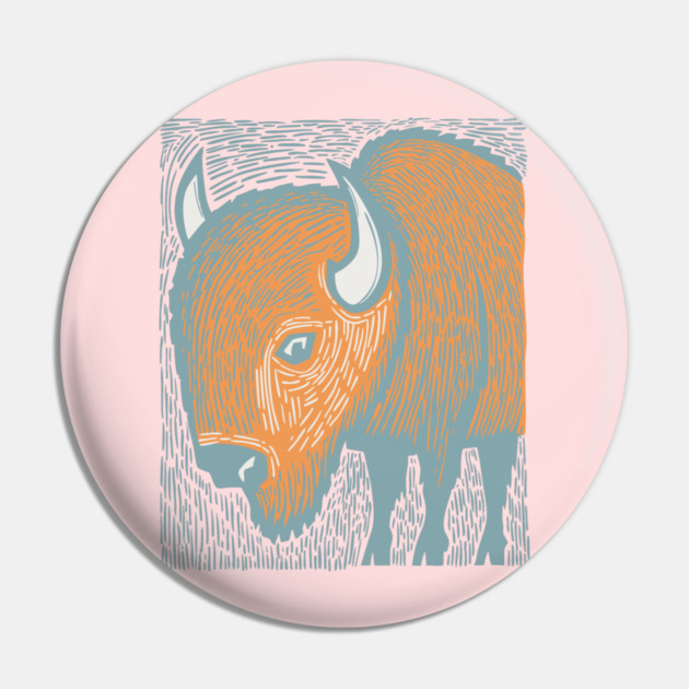 Majestic American Bison - Great Plains Linocut Pin by TuncGK