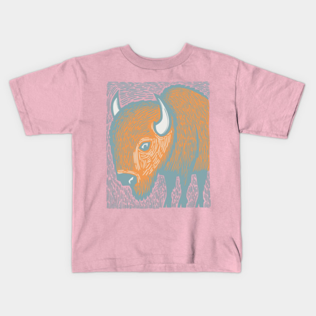 Majestic American Bison - Great Plains Linocut Kids T-Shirt by TuncGK
