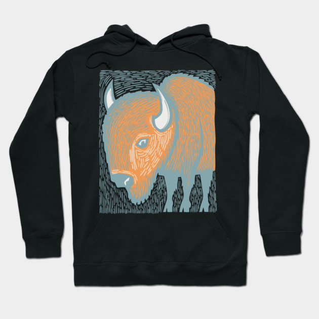 Majestic American Bison - Great Plains Linocut Hoodie by TuncGK