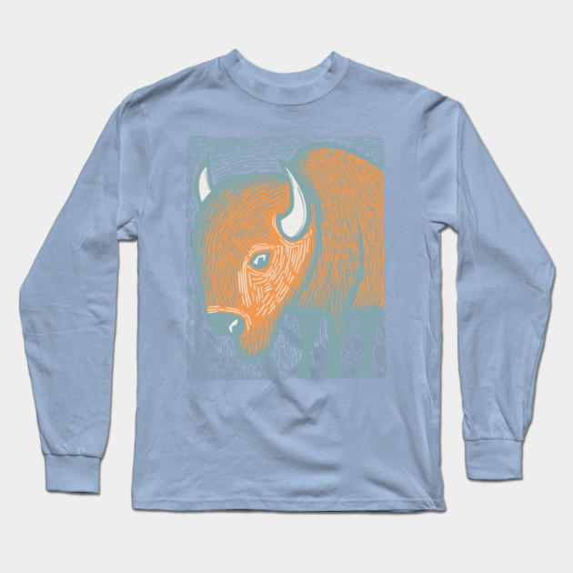 Majestic American Bison - Great Plains Linocut Long Sleeve T-Shirt by TuncGK