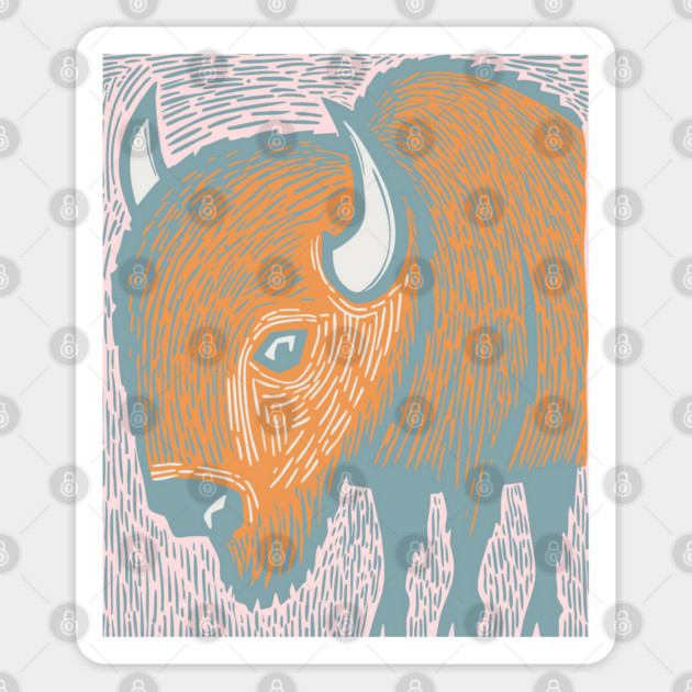 Majestic American Bison - Great Plains Linocut Sticker by TuncGK