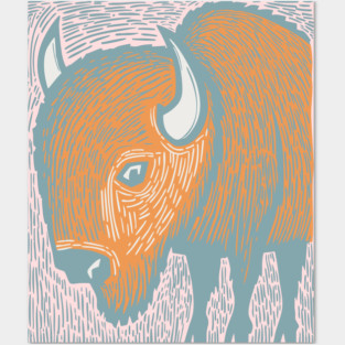 Majestic American Bison - Great Plains Linocut Posters and Art