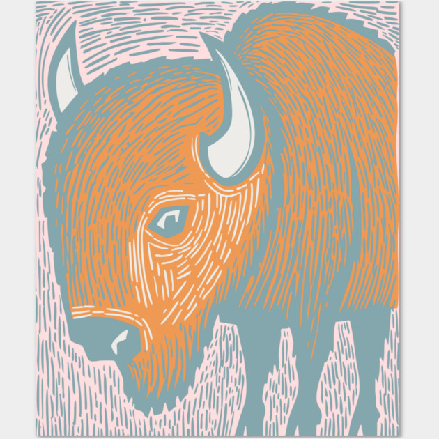 Majestic American Bison - Great Plains Linocut Wall Art by TuncGK