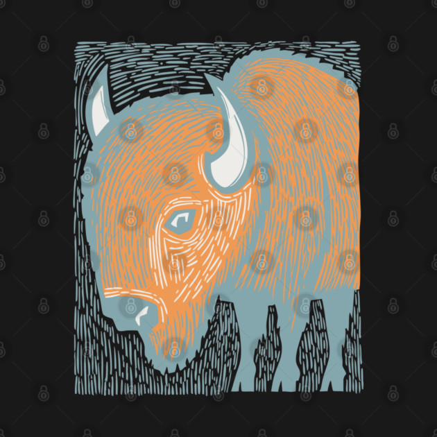 Majestic American Bison - Great Plains Linocut by TuncGK