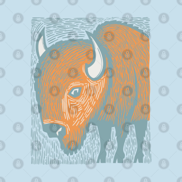 Majestic American Bison - Great Plains Linocut by TuncGK